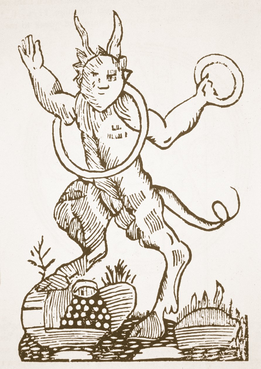 Az ördög a rejtett kincsekre mutatva, a Le Veritable Dragon Rouge, Lille, 1521 illusztrációjának másolata, amelyet a 19. század végén megjelent mágiatörténetben használnak. alkotó: French School