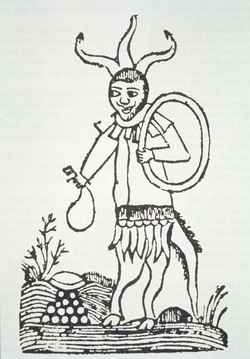 Az ördög a rejtett kincsekre mutatva, a Le Veritable Dragon Rouge illusztrációjának másolata, 2. változat, Lille 1521, a 19. század végén megjelent mágiatörténetben használt alkotó: French School