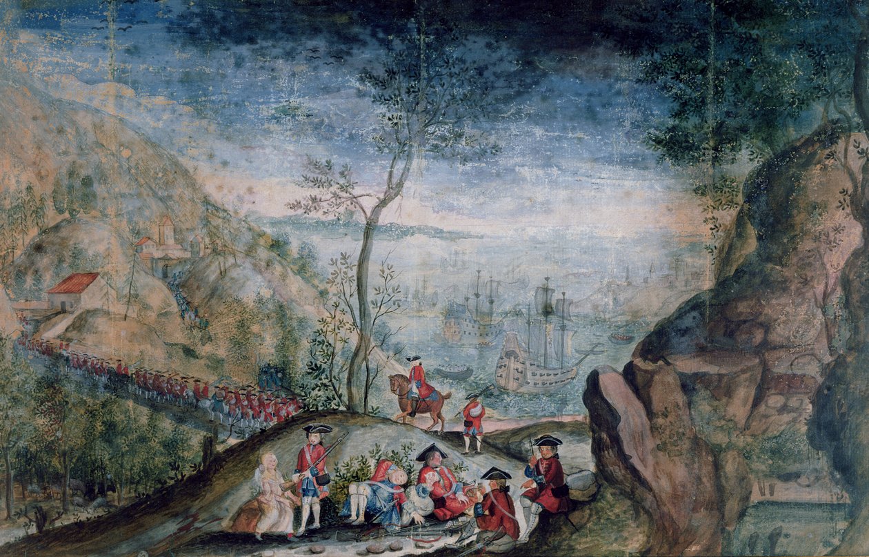 50 katona partraszállása a Karrer svájci ezredből Louisbourgban, Cap-Breton szigetén 1722-33 között (wc papíron) alkotó: French School