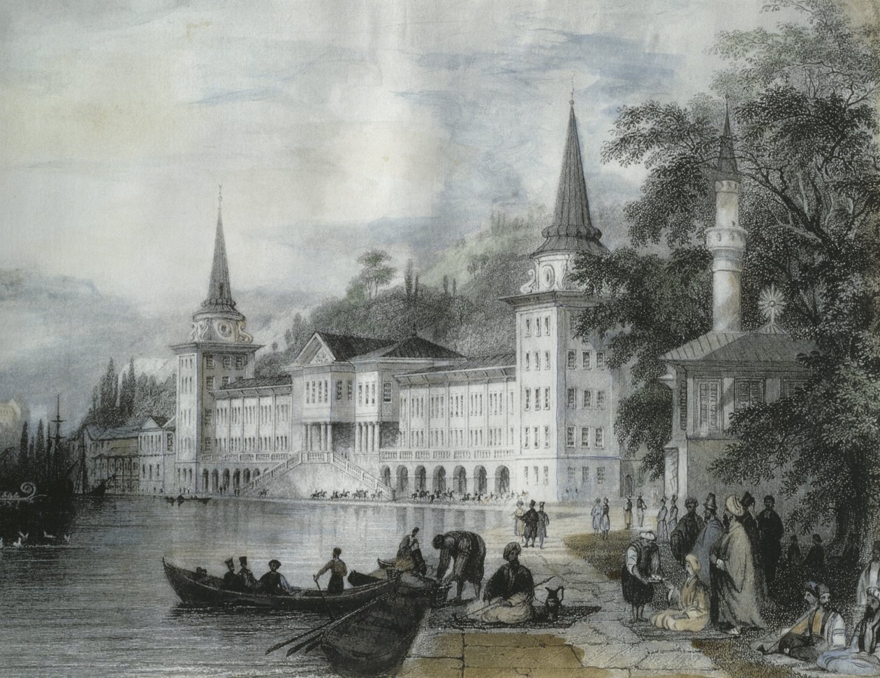 Dolmabahce palota a Boszporuszon, 1840 (színes metszet) alkotó: French School