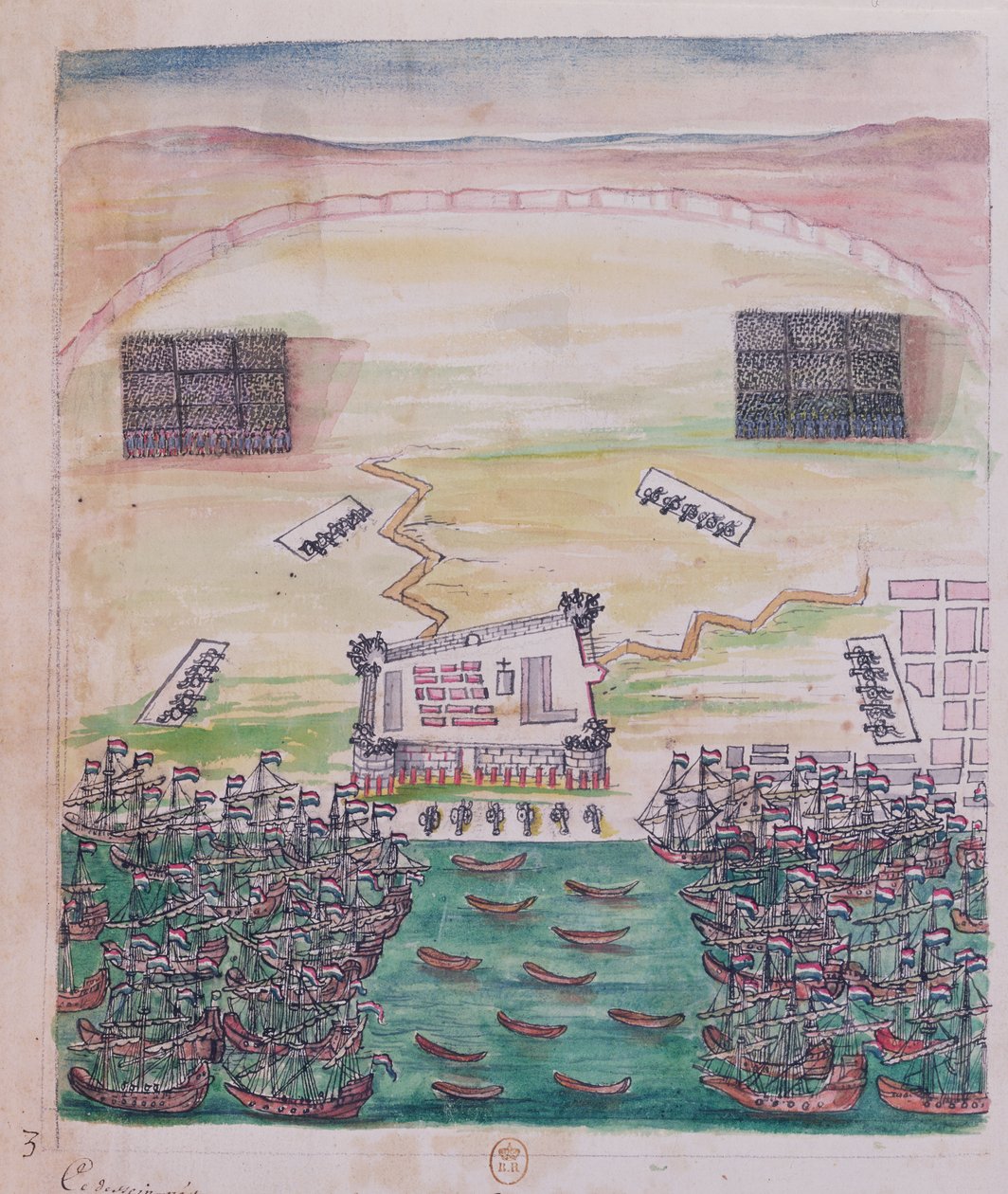 Pondicherry holland ostroma 1693 augusztusában, illusztráció egy jezsuita misszionárius útinaplójából (toll, tinta és WC papíron) alkotó: French School