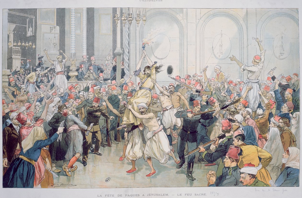 A szent tűz húsvéti körmenete Jeruzsálemben, 1895 alkotó: French School