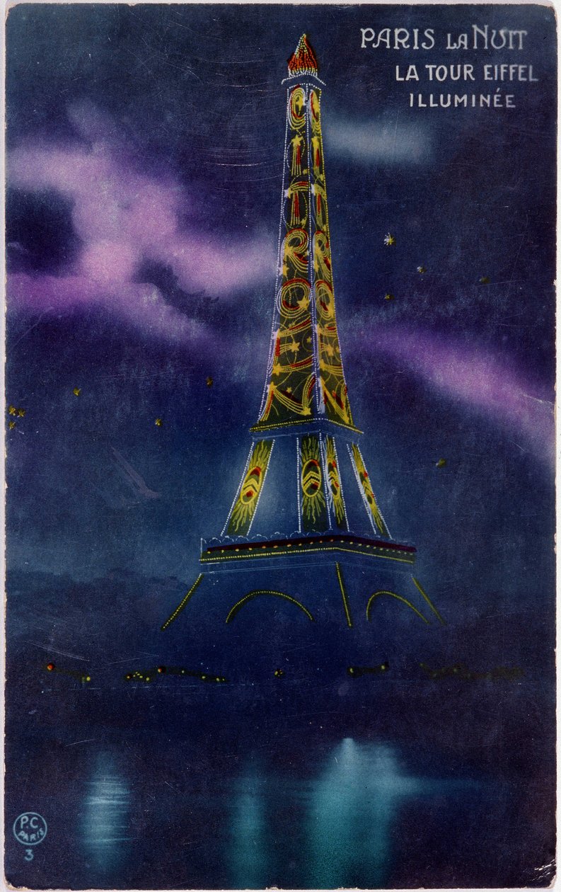Az Eiffel-torony "" Citroen" betűkkel megvilágítva - képeslap, 1925 körül alkotó: French School