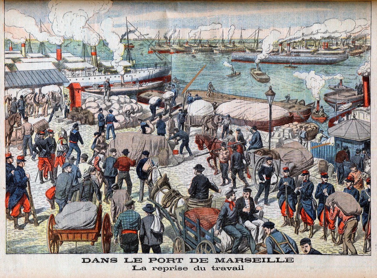 A sztrájk vége Marseille-ben, illusztráció a "Le petit Journal"-ból, 1904. október 23. - A MARSEILLE-I KIKÖTŐBEN - Visszatérés a munkába - Túl hosszú munka nélkül töltött napok után a marseille-i kikötő végre újraindította tevékenységét alkotó: French School