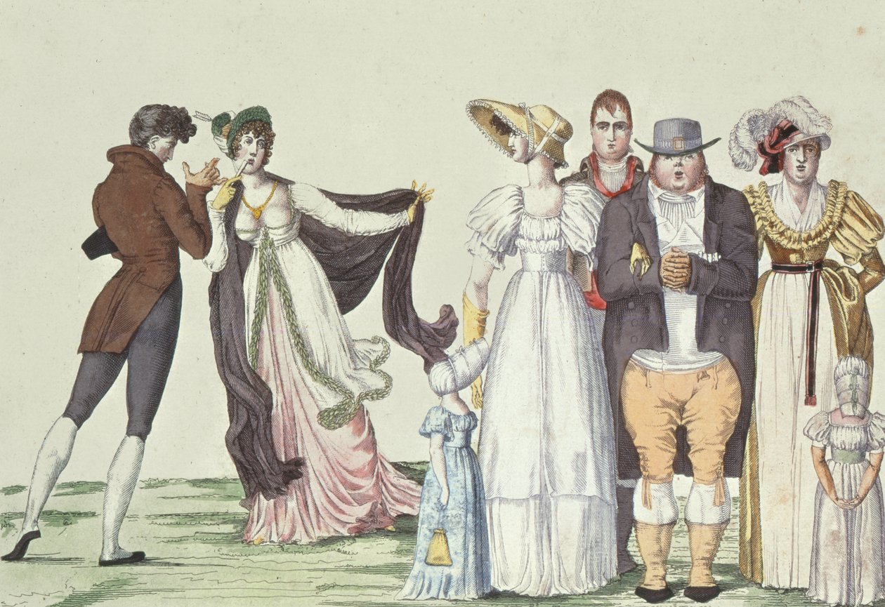 Az angol család Párizsban, illusztráció a Le Supreme Bon Tonból, 1815 körül alkotó: French School