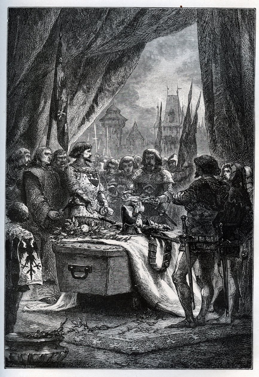 Chateauneuf de Randon (Chateauneuf-de-Randon, Auvergne) angol kormányzója megadta magát, és letette a tér kulcsait Bertrand du Guesclin (1320-1380) koporsójára, aki előtt 1380. július 13-án a város állt. ostromló. Le connetable die alkotó: French School