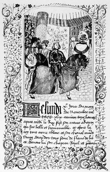 VII. Károly (1403-61) beutazása Rouenbe 1450-ben, a százéves háborúról szóló beszámolót tartalmazó kéziratból, illusztráció a Középkori és a reneszánsz tudomány és irodalomból alkotó: French School