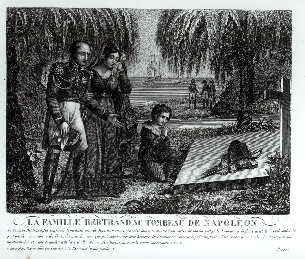Henri-Gratien Bertrand tábornok (1773-1844) családja Bonaparte Napóleon (1769-1821) sírjánál 1821 (litho) (bw fotó) alkotó: French School