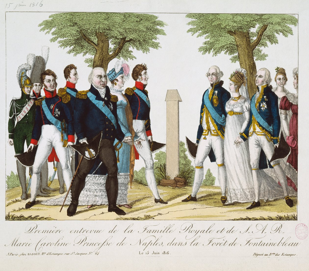 Az első találkozás XVIII. Lajos (1755-1824) és bourboni Marie-Caroline-Ferdinande (1798-1870) között, a Croix de St. Heremben a fontainebleau-i erdőben, 1816. június 15., 1816-30 (színes engr) alkotó: French School