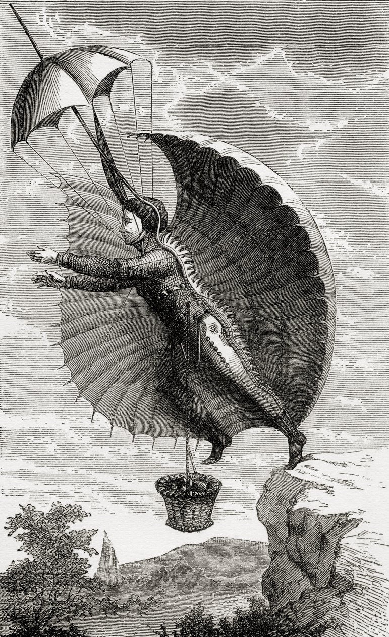 A repülő ember, Nicolas Edme Restif de la Bretonne után vésve, a „Csodálatos léggömbemelkedések vagy az égbolt meghódítása” című művéből, Fulgence Marion, 1870 körül megjelent. alkotó: French School