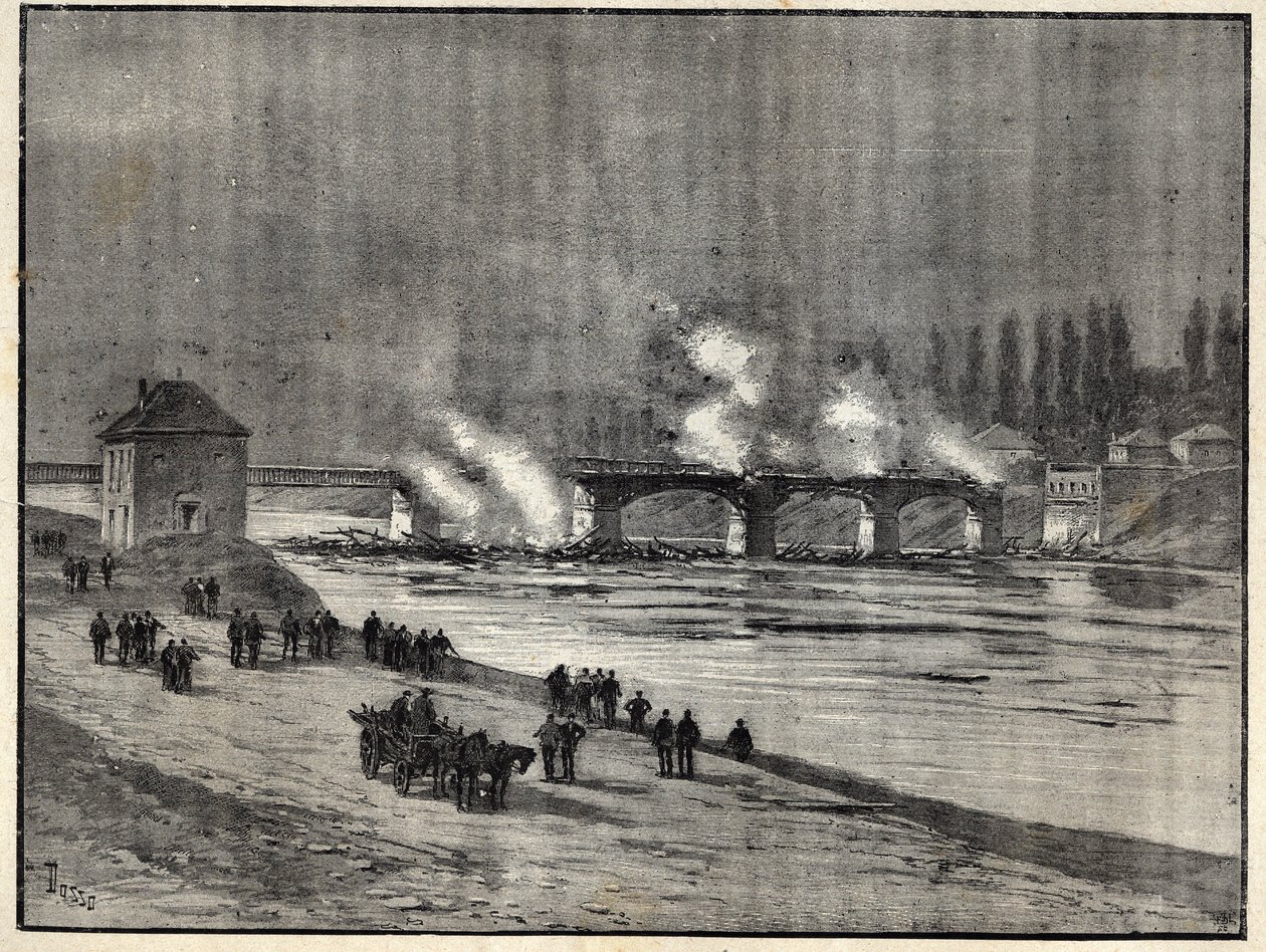 A francia-porosz háború – Párizs védelme – az Asnieres-híd felgyújtása – Az Asnieres-i híd tüze Párizs ostroma (védelme) alatt Leonce Rousset (1850-) parancsnok „” Les combatants de 1870-71” vésése 1938) - Porosz francia háború - ( alkotó: French School