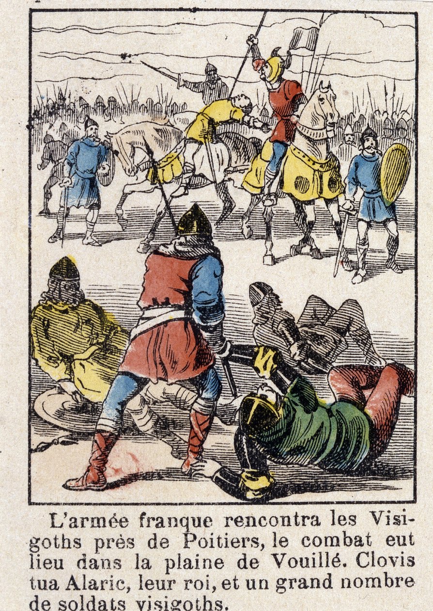 A francia hadsereg Poitiers közelében találkozott a vizigótokkal, a harc a Vouille-i síkságon zajlott. Clovis 507-ben megölte Alaricot, a királyukat és számos vizigót katonát. alkotó: French School
