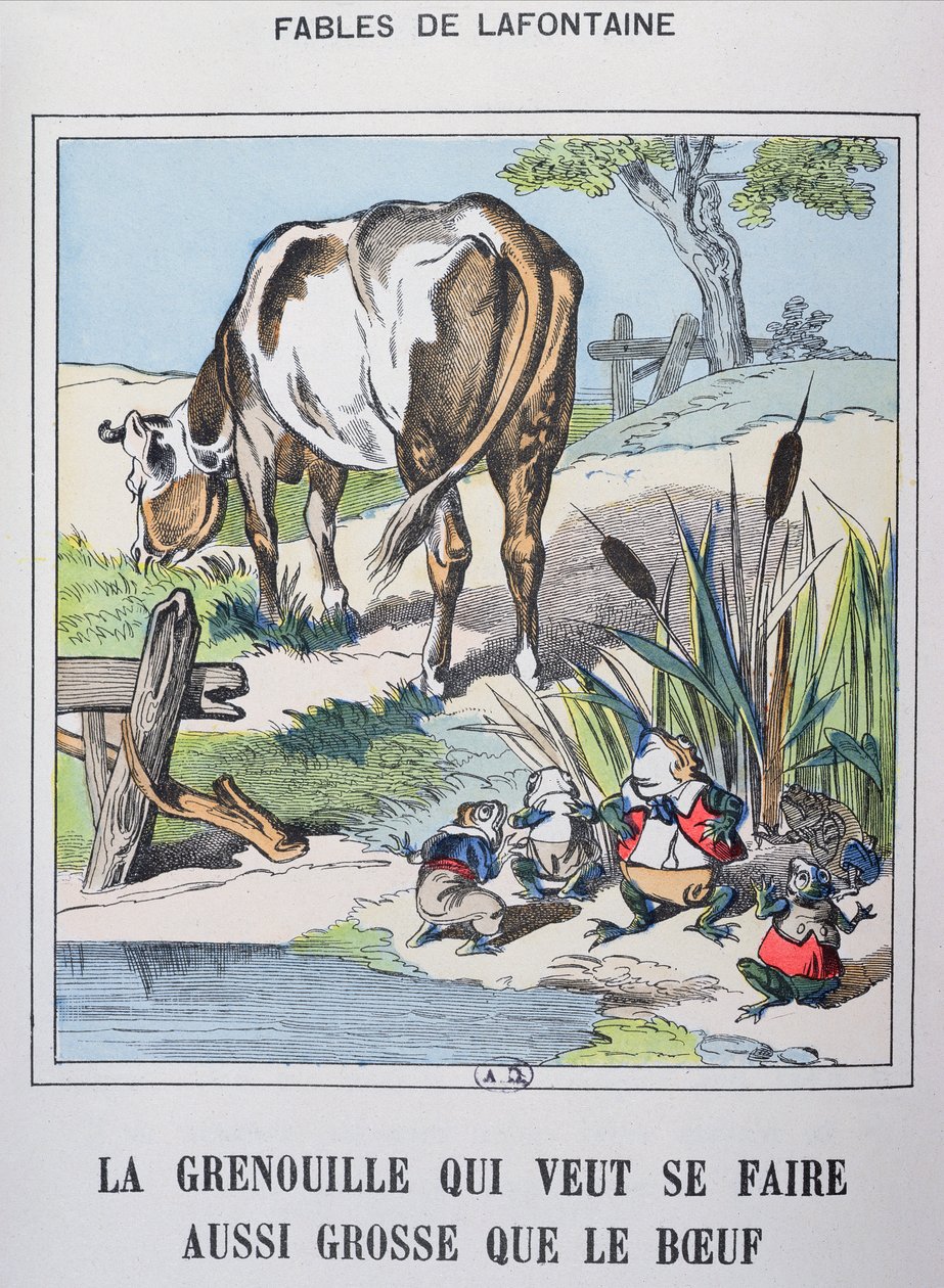 A béka és az ökör, „Fables de La Fontaine” (színes metszet) alkotó: French School