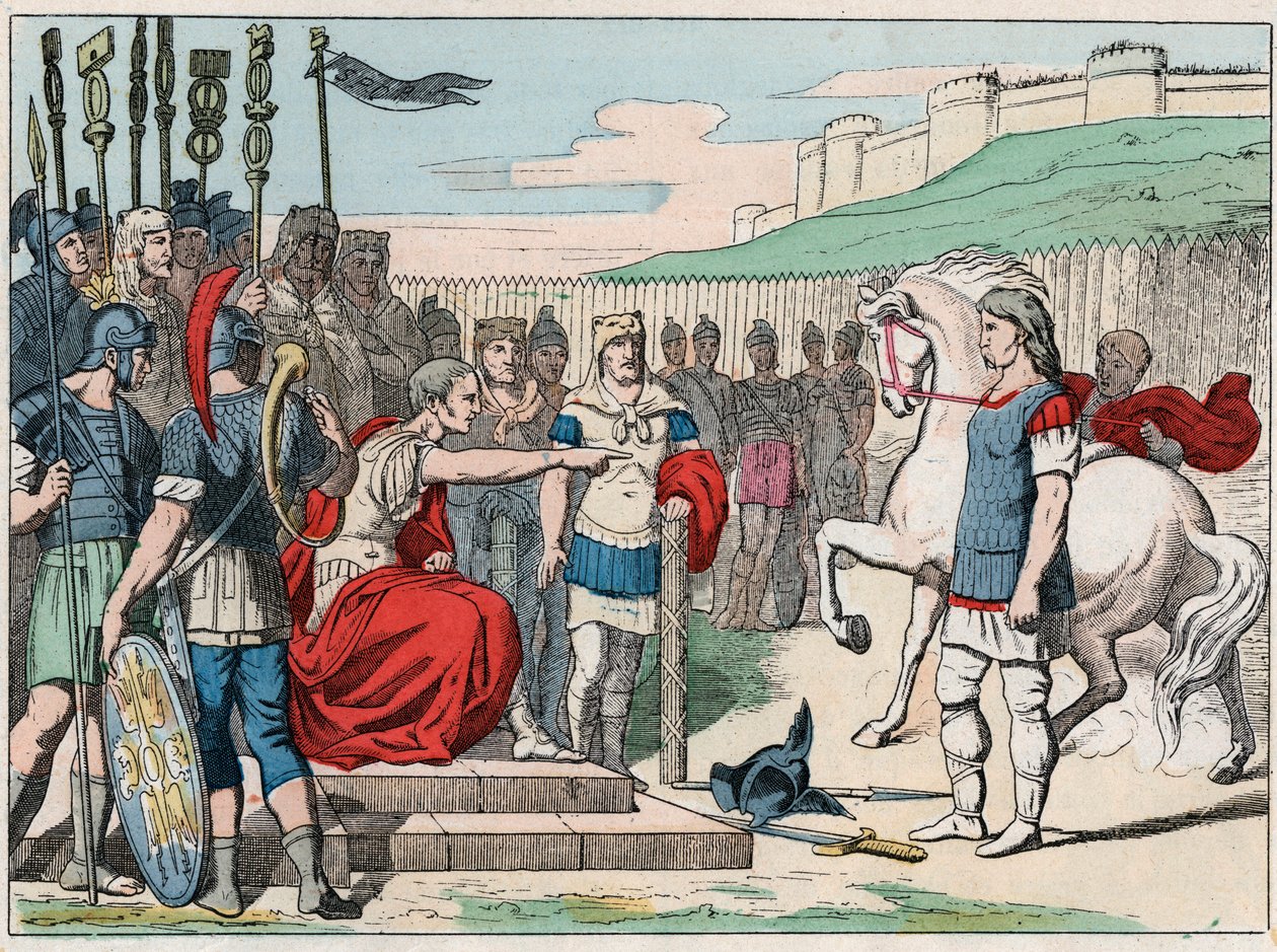 Vercingetorix gall séf (Kr. e. 80-46) Jules Cesarhoz (Kr. e. 100-44) Alesiába utazik Kr.e. 52-ben - Vercingetorix (Kr. e. 72-46) gall vezér, megadja magát Caesarnak Alesia-ban (Franciaország) - Metszet a végén századi „” Nos Gires Nationales - Képekben alkotó: French School