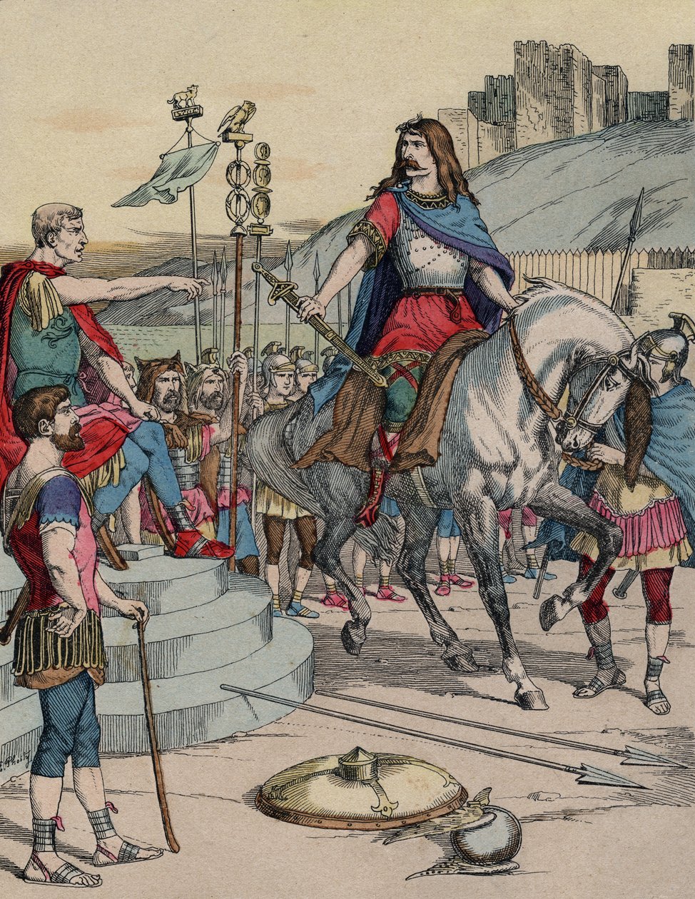 Vercingetorix gall vezér (Kr. e. 72-46) megadja magát Julius Caesar római főnöknek (Kr. e. 100-44) a Kr.e. 52-ben vívott alesia csata után. - "" Vercingetorix gall vezető (Kr. e. 72-46) megadja magát Jules Cesar (Kr. e. 100-44) római főnöknek a csata után alkotó: French School