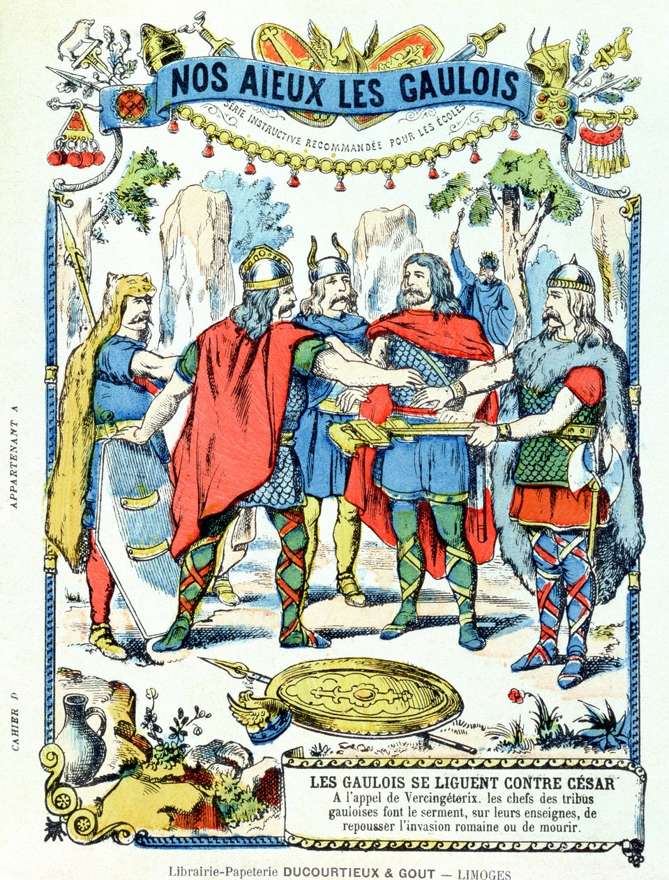 A gall vezetők Julius Caesar (Kr. e. 100-44) elleni ligában Vercingetorix (i. e. 46) vezetésével az iskolai könyvek védőhüvelyéből, 19. század vége alkotó: French School