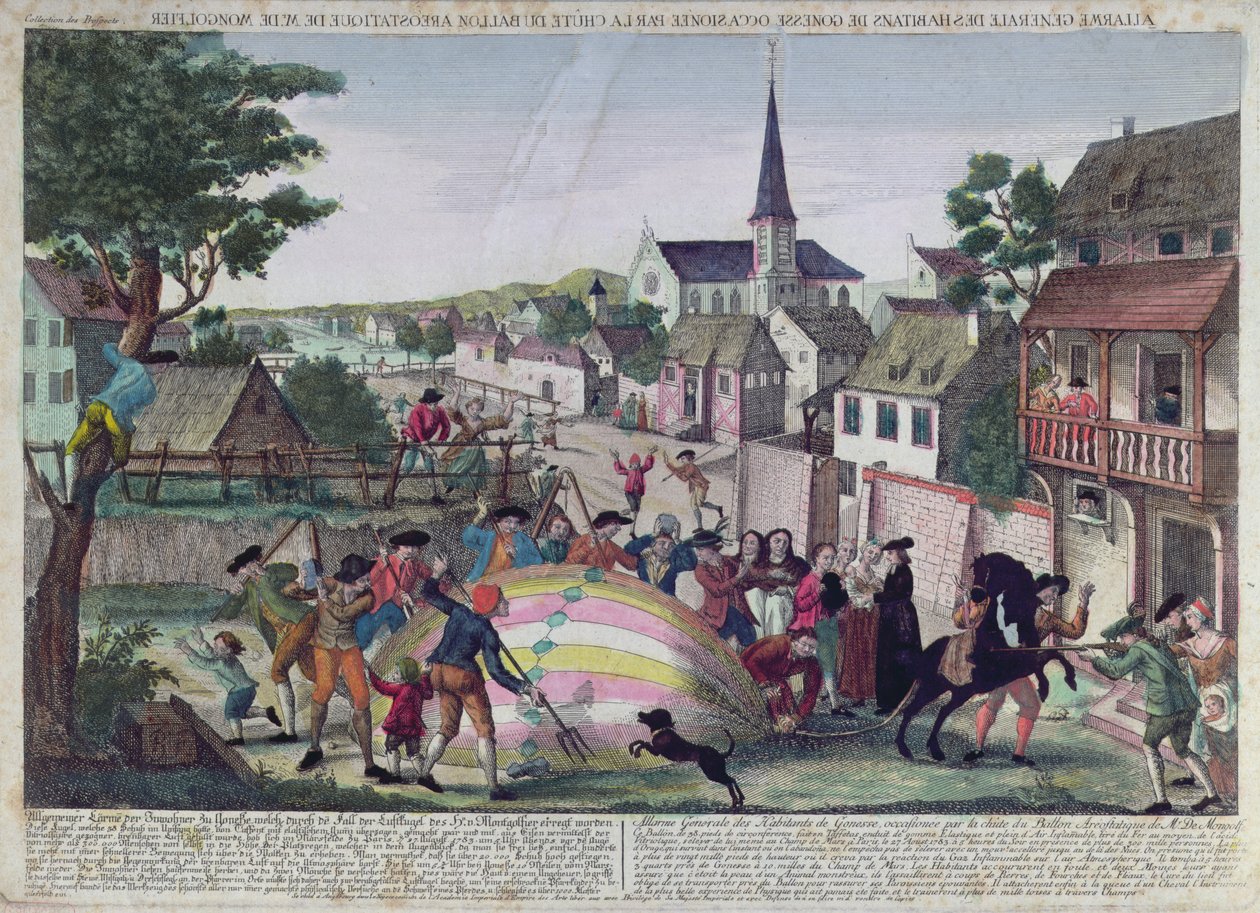 Gonesse lakosainak általános riasztása léggömb ereszkedése miatt, 1783. augusztus 27. alkotó: French School