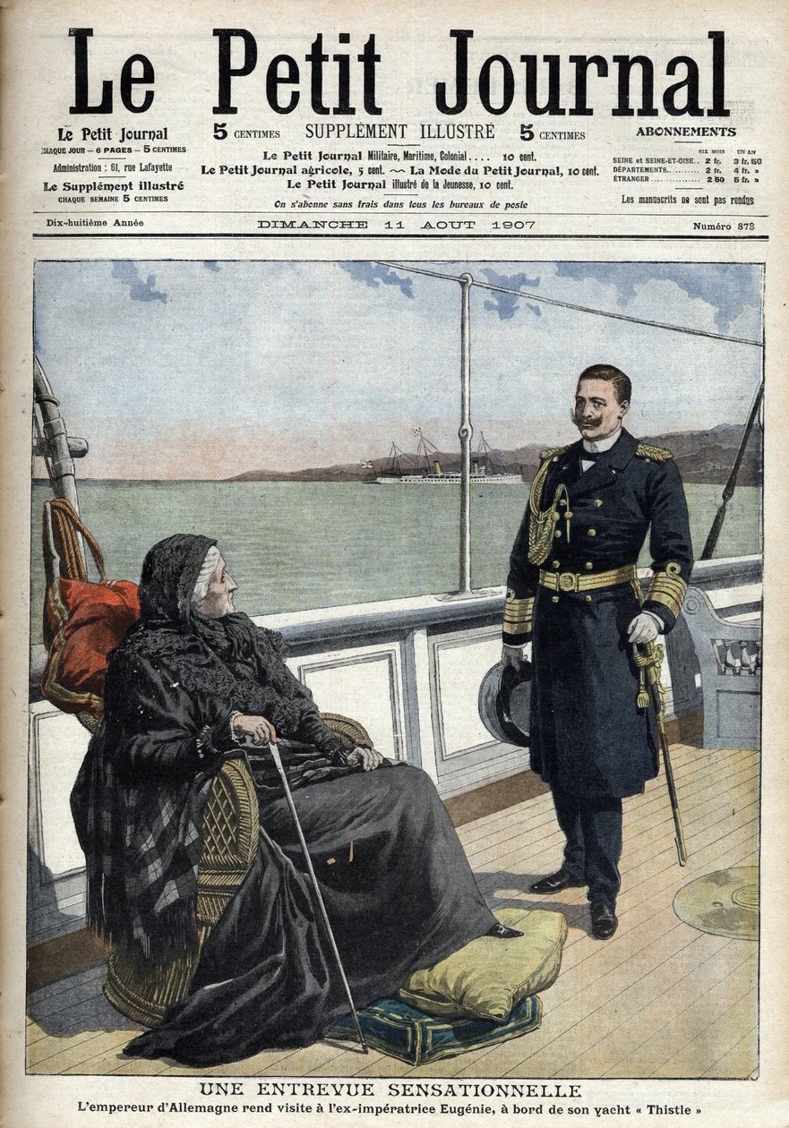 II. Vilmos német császár (1859-1941) meglátogatta az egykori császári Eugeniát (1826-1920) a „Thistle” jachtján, „Le petit journal” 1907. augusztus 11-én (metszet) alkotó: French School