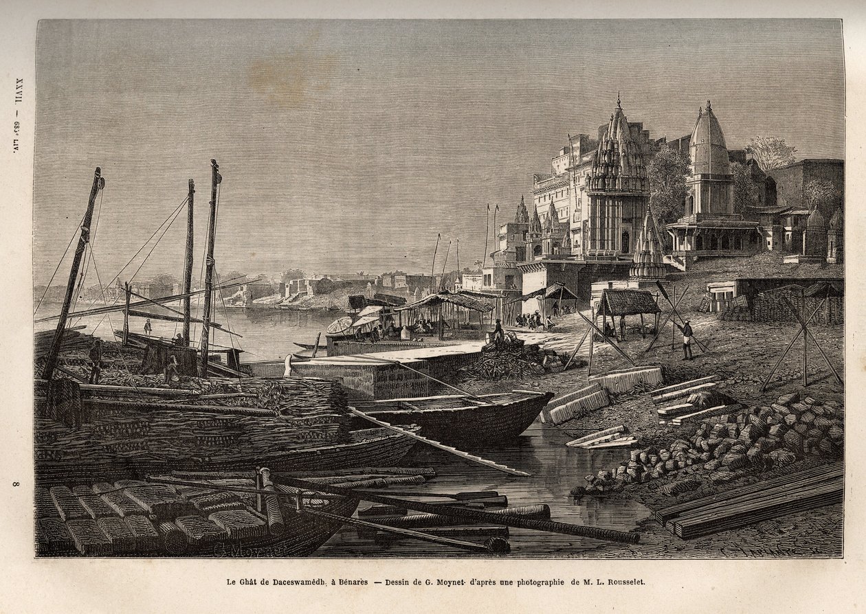 A Ghat de Benares (jelenlegi Vanarasi) (a Ghat de Benares (jelenlegi Vanarasi) a folyók partjait és a medencék és tározók partjait jelölő lépcsőket, amelyek lehetővé teszik, hogy vízzel érintkezve leereszkedjen), G. Moynet rajza nyomán, az utat illusztrálv alkotó: French School