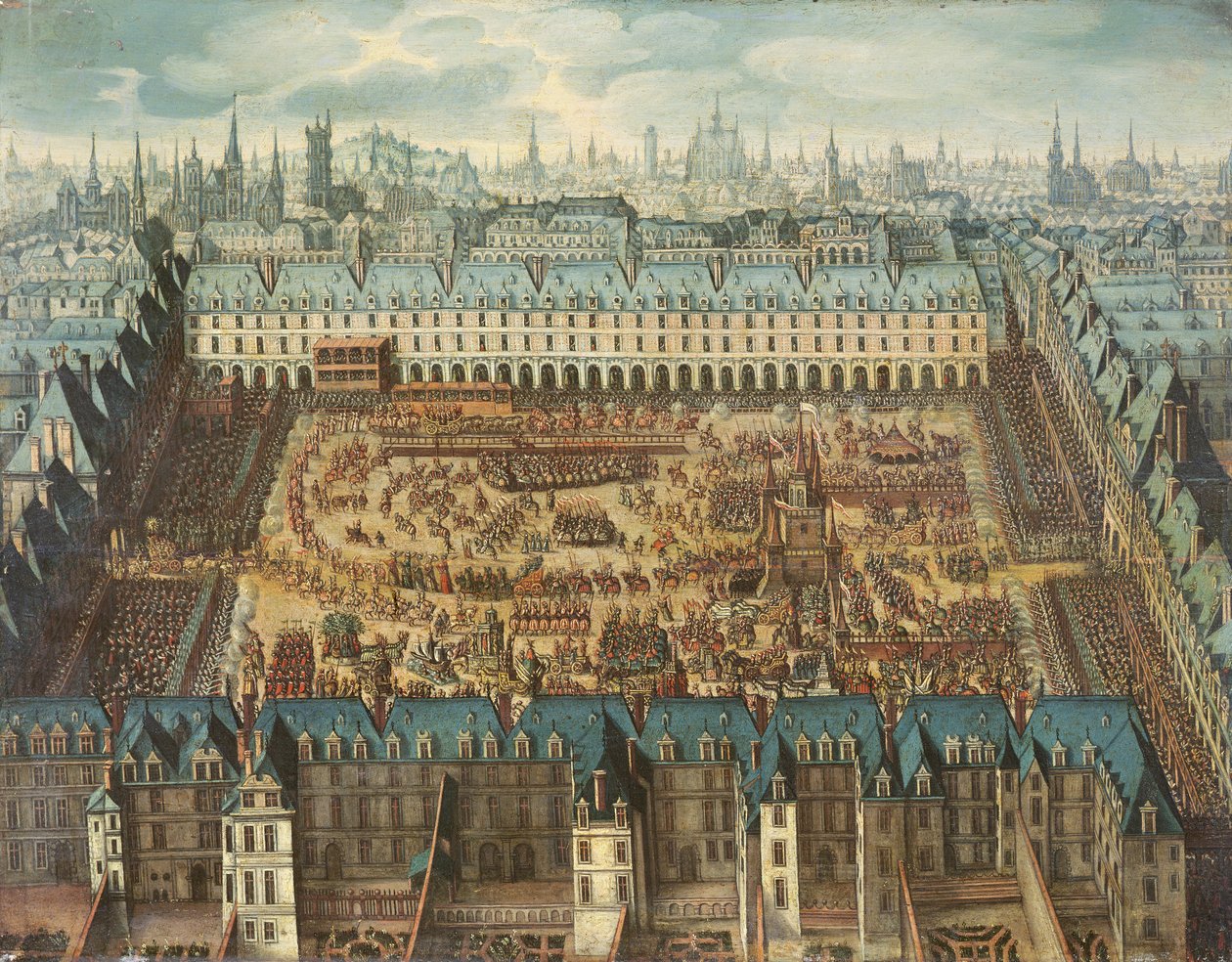 A dicsőséges lovagok lovagi tornája a Place Royale-on XIII. Lajos (1601-43) és Ausztria Anna (1601-66) házasságának megünneplésére 1612. április 5., 6. és 7-én. alkotó: French School