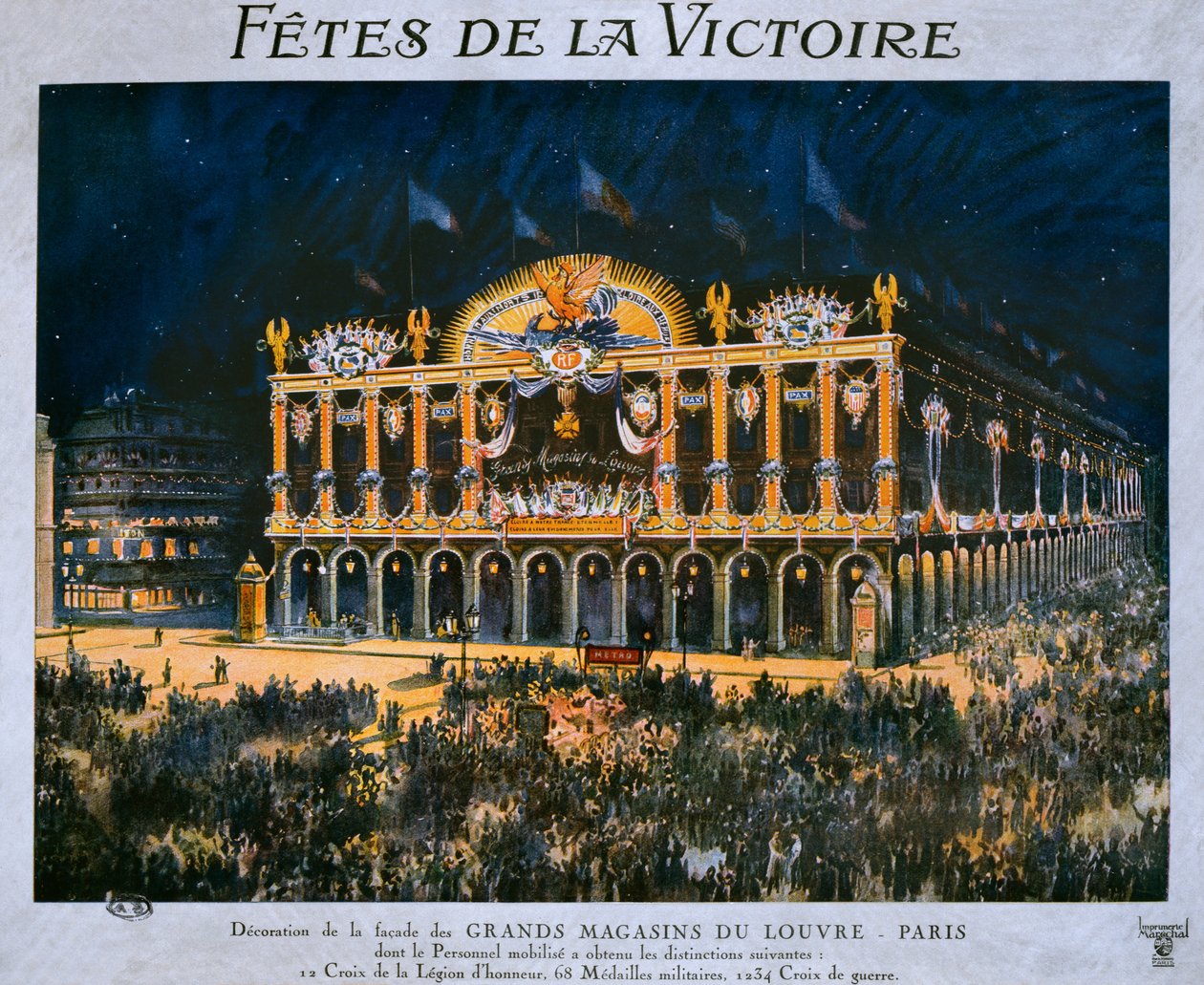 A Grands Magasins du Louvre-t az 1918-as győzelem ünnepére díszítették, 1919. július 14. alkotó: French School