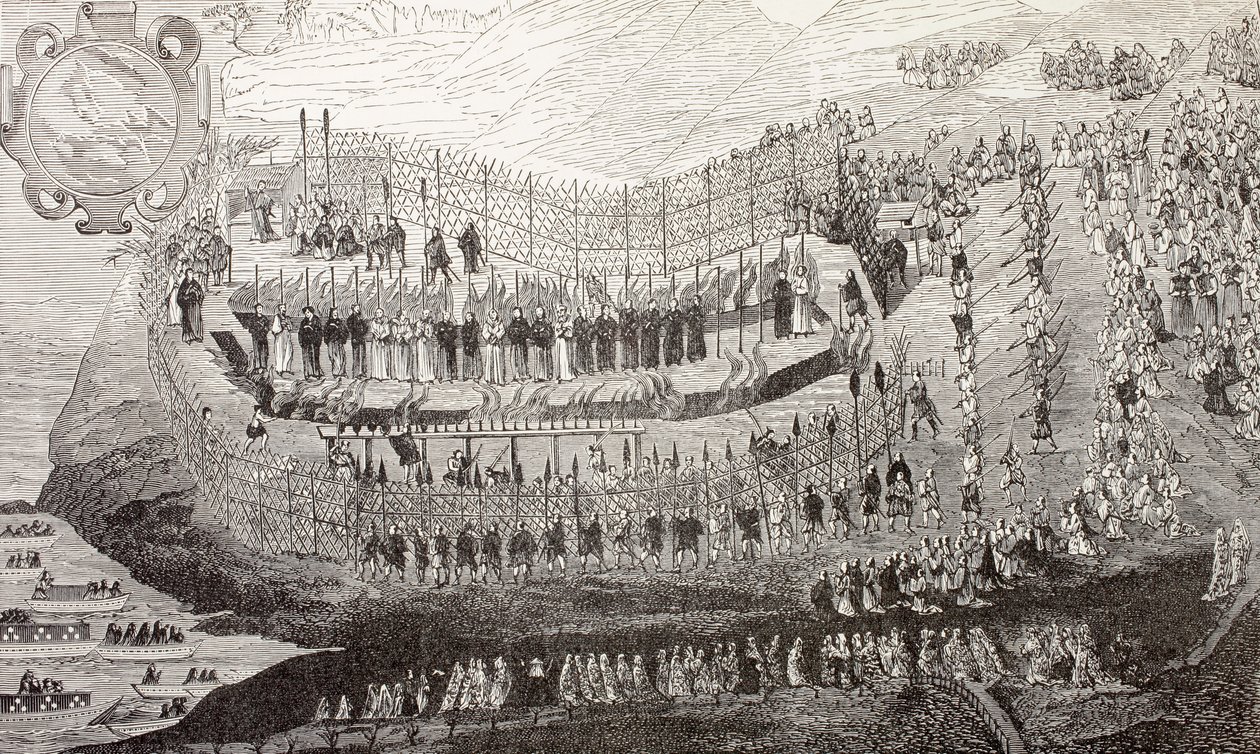 Nagaszaki nagy mártíromsága, 1622, Paul Lacroix „Katonai és vallási élet a középkorban” című művéből, London, 1880 körül. alkotó: French School