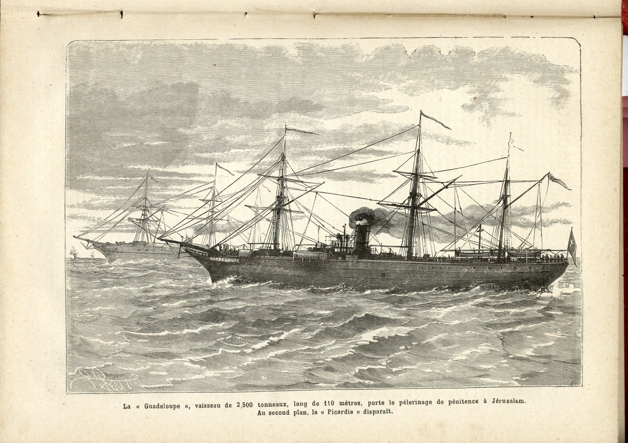 A „Guadeloupe”, egy 2500 tonnás hajó, 110 méter hosszú, a bűnbánati zarándoklatot viszi Jeruzsálembe., Anonymous, The Pilgrim alkotó: French School