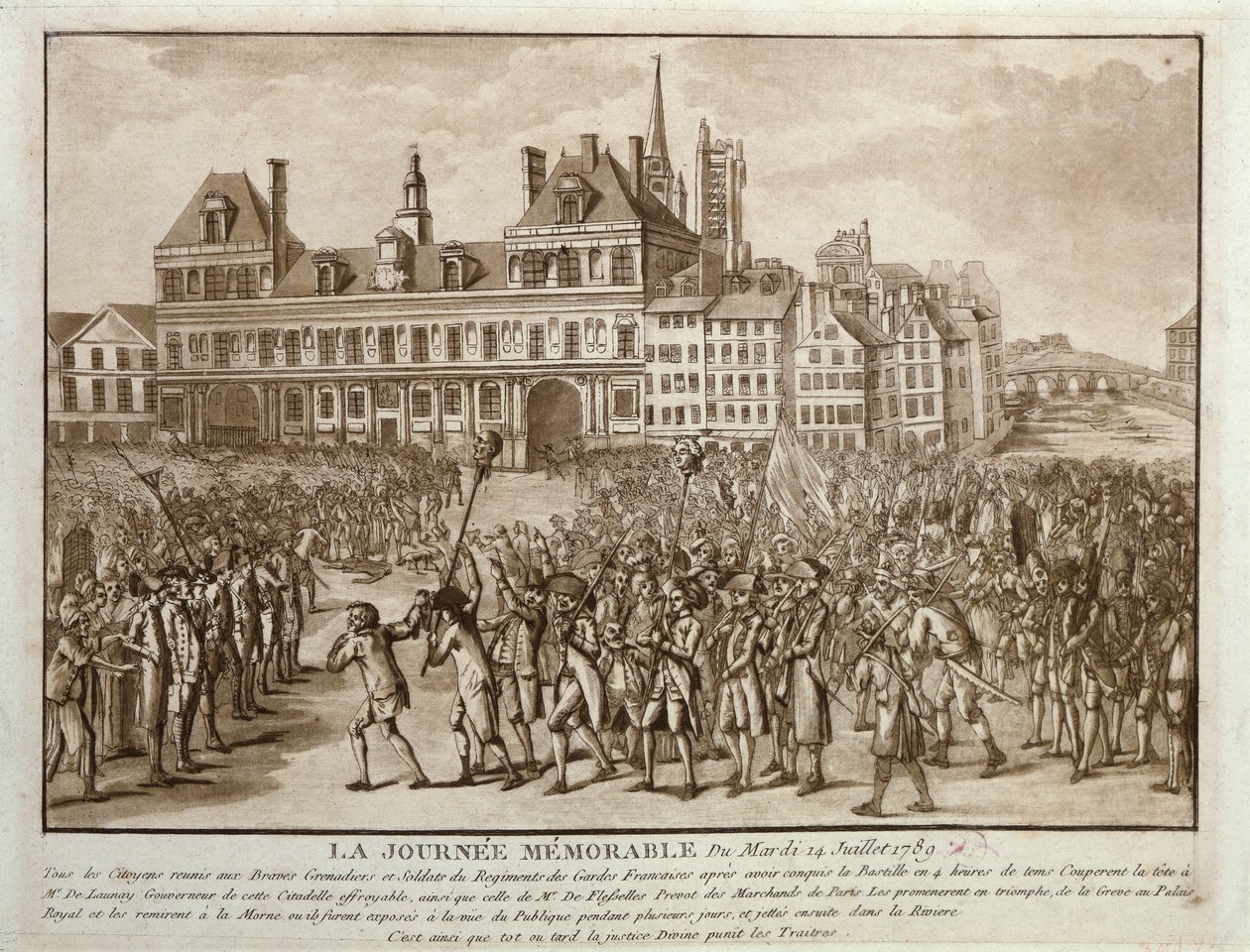 Launay és Flesselles feje a Hotel de Ville előtt sétálgat, 1789. július 14. alkotó: French School