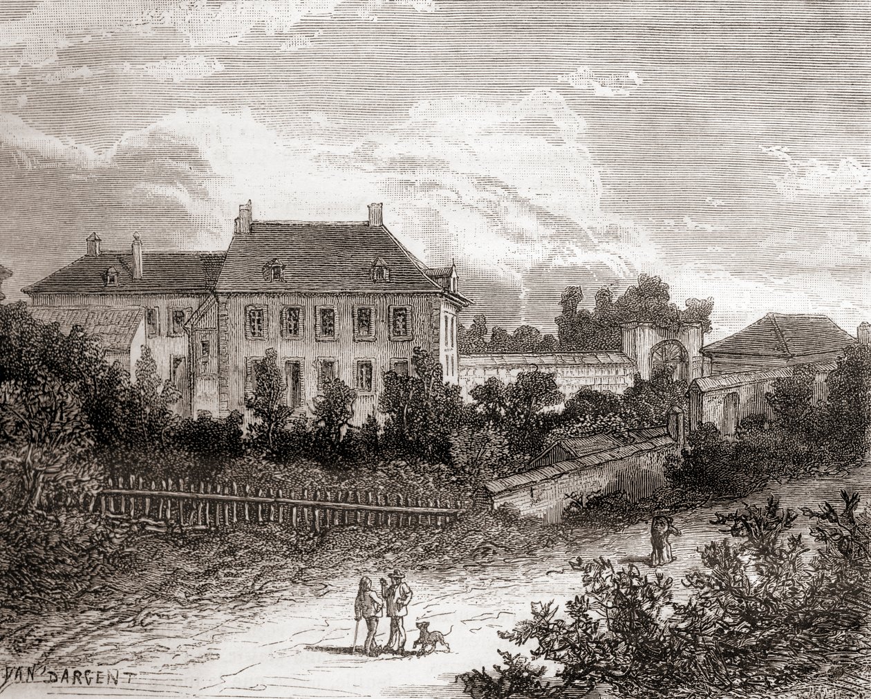 A franciaországi Chalon-sur-Saône melletti Gras-i ház, ahol Nicéphore Niépce francia feltaláló kifejlesztette a heliográfiát, a Les Merveilles de la Science című, 1870 körül megjelent kötetből (metszet). alkotó: French School