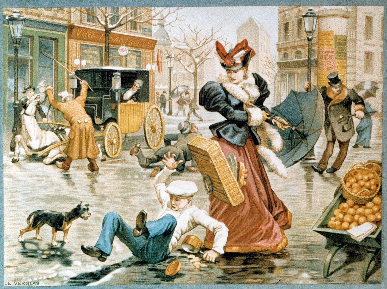 A téli párizsi Jégjelenet, egy hivatalnok csúszik a padlón a jég miatt, valamint egy kocsit húzó ló, 20. század (kromolitográfia) alkotó: French School