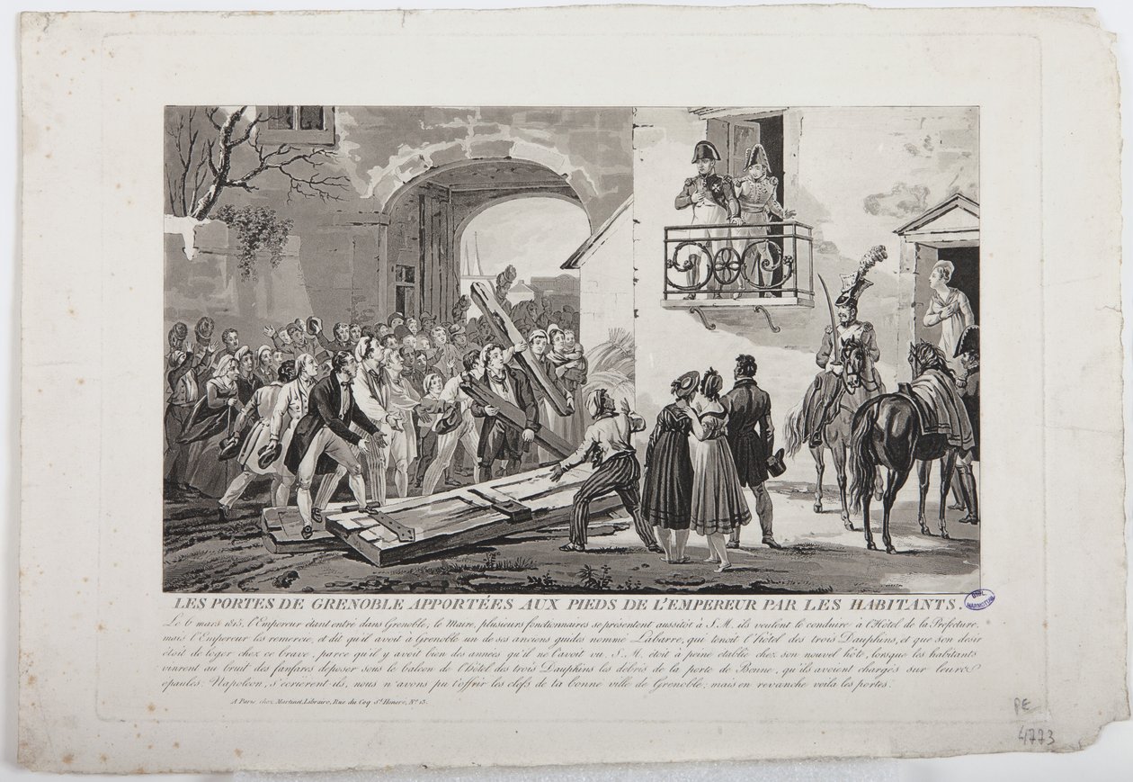 A lakosok, akik Grenoble kapuit a császár lábai elé helyezik, 1815. március 6., kiadó: Martinet, 1815 alkotó: French School