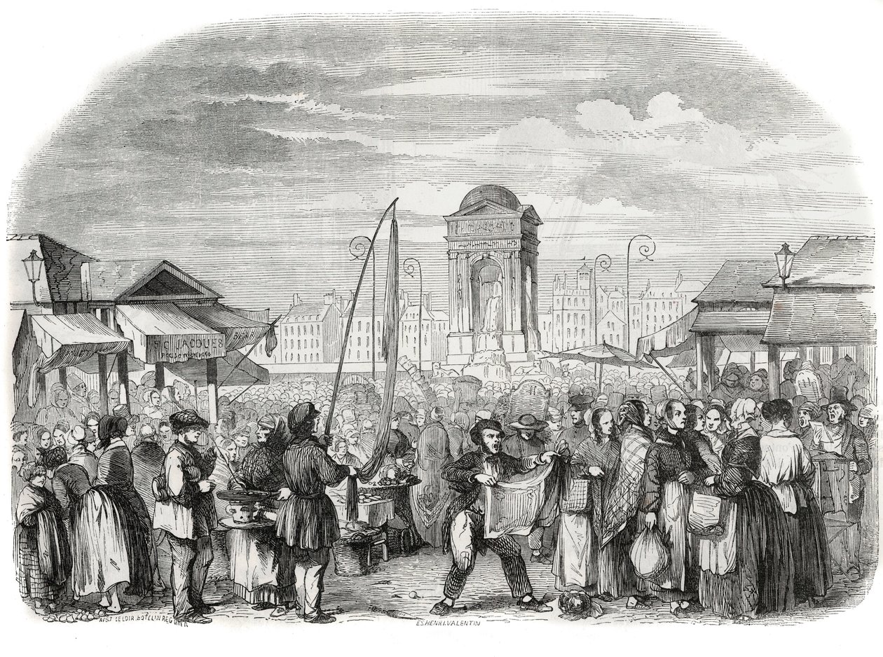 Az ártatlanok felvonulnak Párizsban a szökőkúttal – Edmond Texier metszete „Tableau-de-Paris”-ban 1852 alkotó: French School