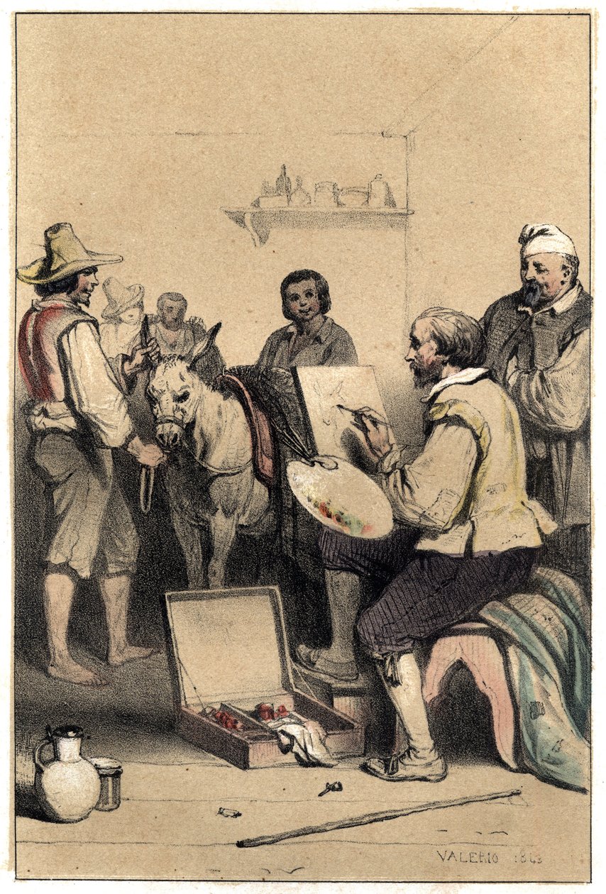 Antonio Allegri olasz festő (Correggio vagy Le Correge néven 1489-1534) támogatja, megalkotja egy fogadó jelét, hogy kifizesse étkezését. Kétszínű metszet "" Híres férfiak életének jelenetei"" című tányér. írta: Valerio. 1843. alkotó: French School
