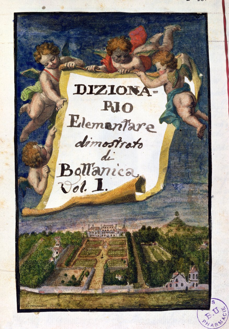 A párizsi Jardin des Plantes, előlap a Dizionario Elementare dimostrato di Bottanica, Istitutiones Rei Herbariae I. kötetéből, Joseph Pitton de Tournefort (1656-1708), kiadva Párizsban, 1 alkotó: French School
