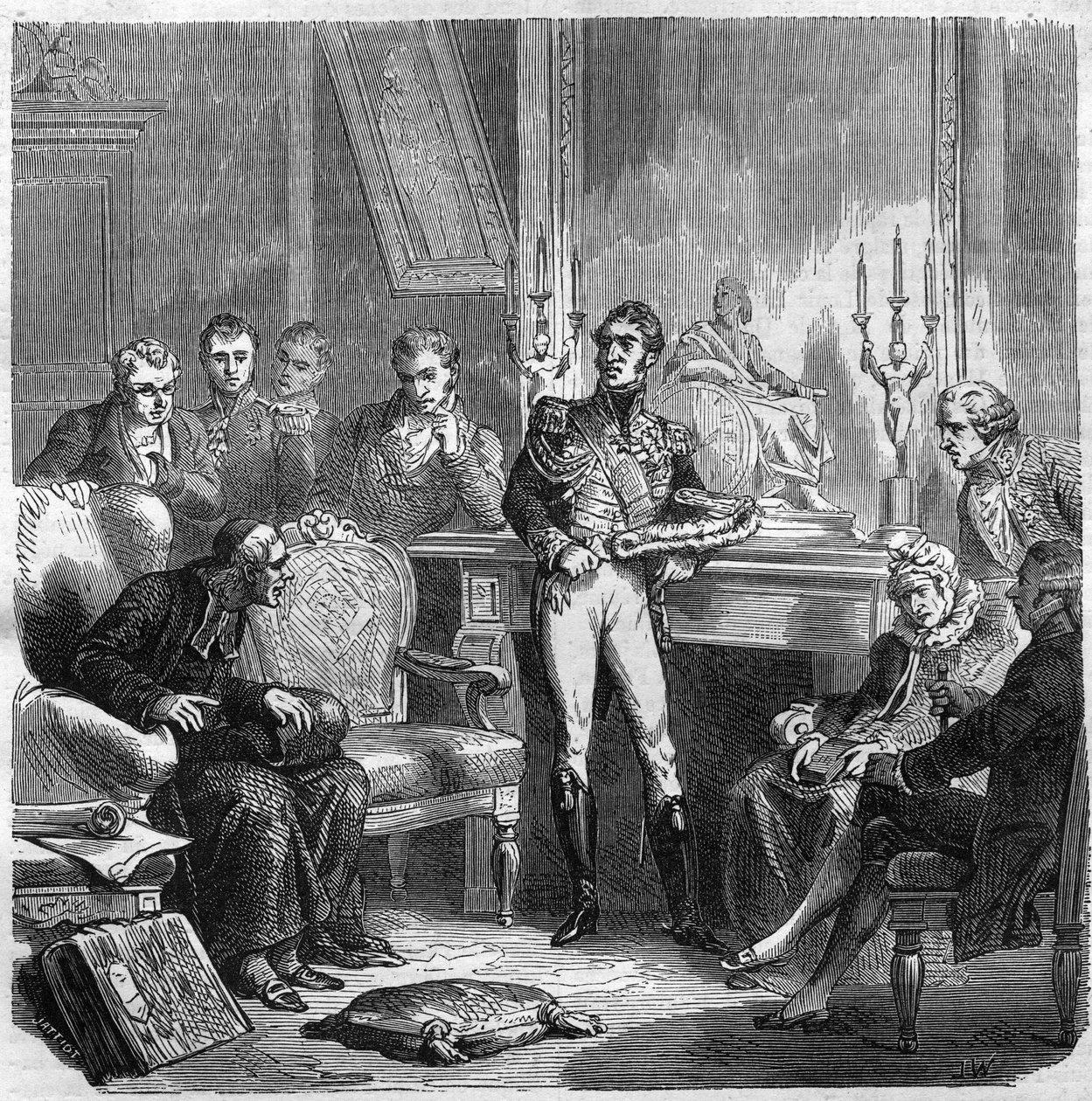 A jezsuiták X. Károly (1757-1836) francia király udvarában. Metszet a „Pápák-királyok-királynők és császárok története az évszázadokon keresztül” című könyvébe, Maurice Lachatre alkotó: French School