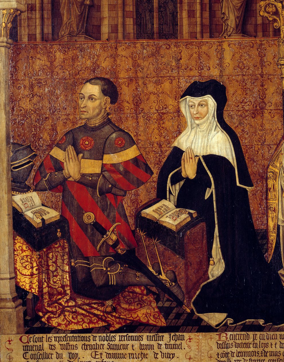 Jean Juvenal des Ursins (1360-1431) és felesége a Jouvenel Ursin család részlete. Festmény a francia iskola fára. 1443-1449. V 1,3x3,5 m Párizs, Középkori Nemzeti Múzeum, Thermes de Cluny alkotó: French School