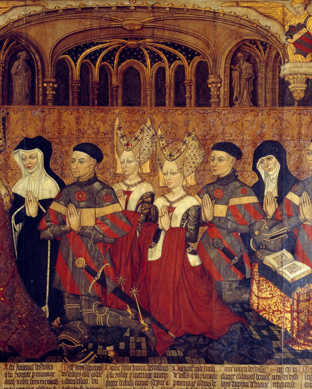 A Jouvenel Ursin család. Részlet Jean Juvenal és prelátok asszonygyermekeiről. Festmény a francia iskola fára. 1443-1449. V 1,3x3,5 m Párizs, Középkori Nemzeti Múzeum, Thermes de Cluny alkotó: French School