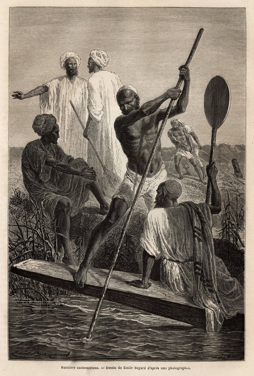 A kasmíri hajósok Srinagar (Shrinagar) környékén, teljes munkában – Guillaume Lejean 1866-os metszete Pandjab és Kasmír történetének illusztrálására, megjelent a „Le tour du monde” 1870-1871-ben, szerkesztette Edouard Charton, Hachette kiadás alkotó: French School