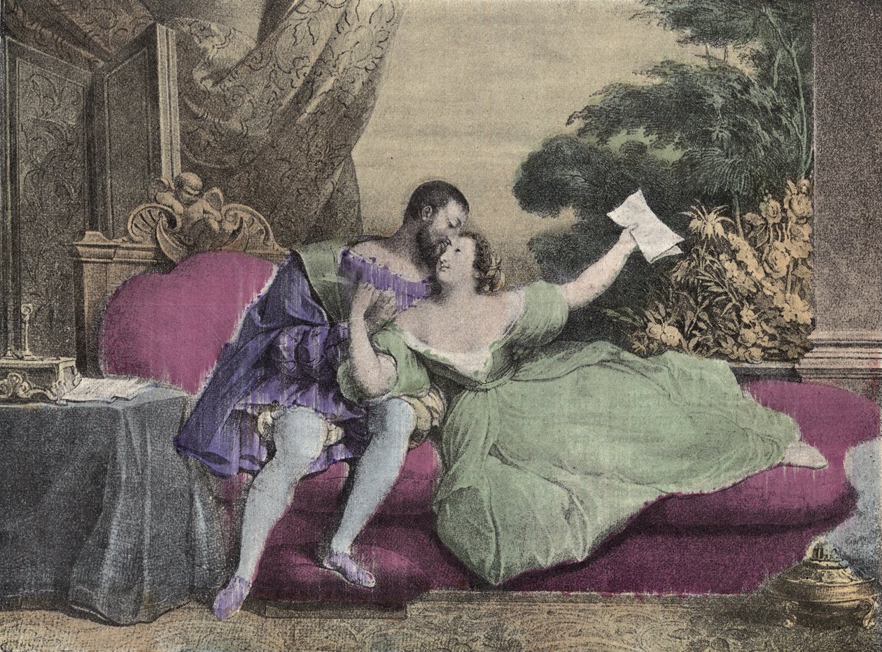 I. Francois francia király (1494-1547) Diane de Poitiers-szel (1499-1566) Breze hölgyével, Valentinois hercegnőjével. Daveria litográfiája 1832-ből a „” Laughs Et Galanterie” c. Heti Galantes-képgyűjtemény John Grand-Carteret irányításával. alkotó: French School
