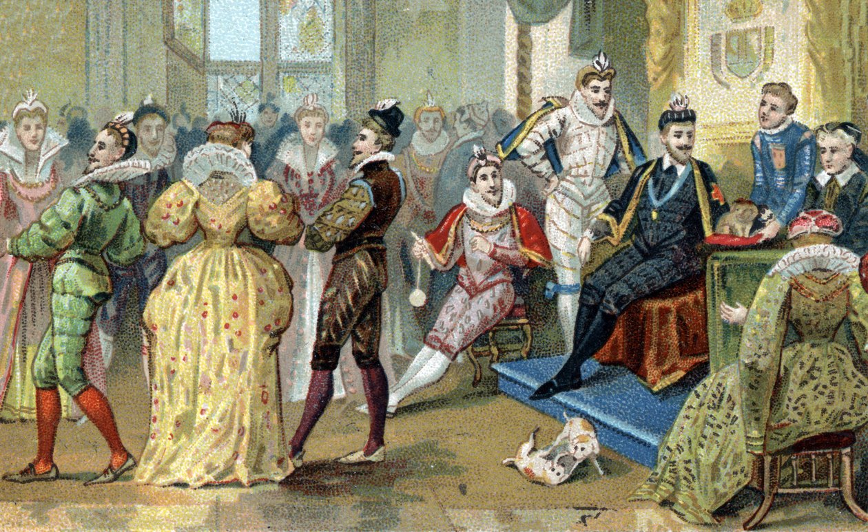 Henrik francia király (1551-1589) körülveszi aranyosait. A 19. század végének kromolitográfiája alkotó: French School