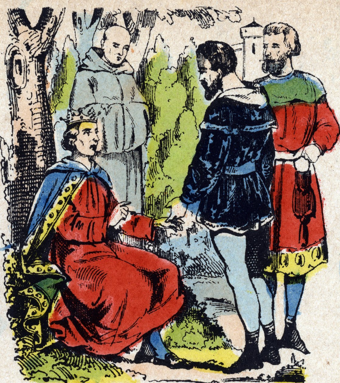 IX. Lajos francia király dit Saint-Louis” (1214-1270) egy tölgy alatt szolgáltat igazságot Vincennes-ben – Szent Lajos francia király (1214-1270) egy tölgy alatt szolgáltat igazságot Vincennes-ben alkotó: French School