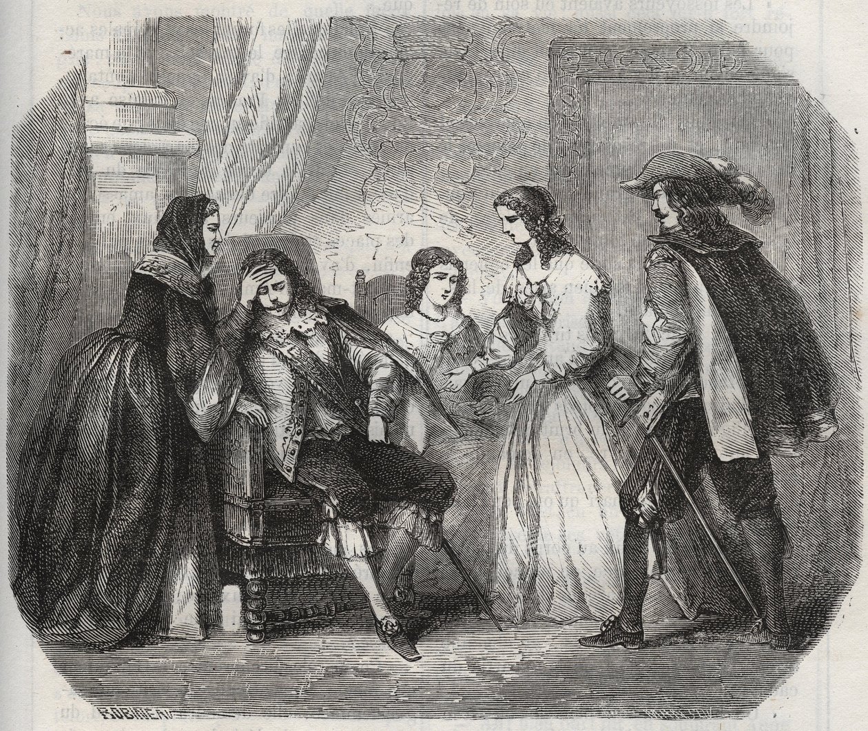 XIII. Lajos francia királyt (1601-1643) elkapja a migrén, amikor Anna osztrák királynővel (1601-1666) beszél. Metszet 1871-ből Henry de Kock (1819-1892) „Histoire Des Cocus Celebres” c. alkotó: French School