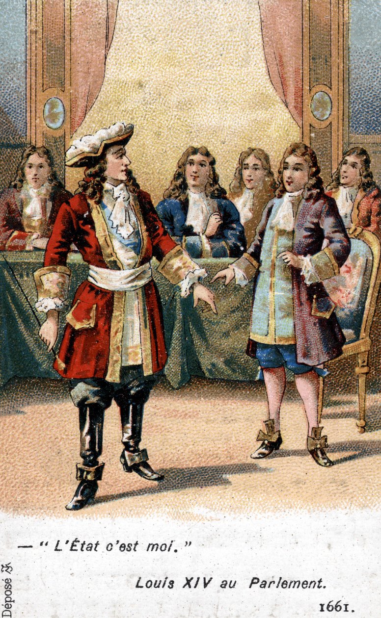 XIV. Lajos francia király 1661-ben kijelentette a parlament előtt: „Az állam én vagyok!” századi kromolitográfiája. alkotó: French School