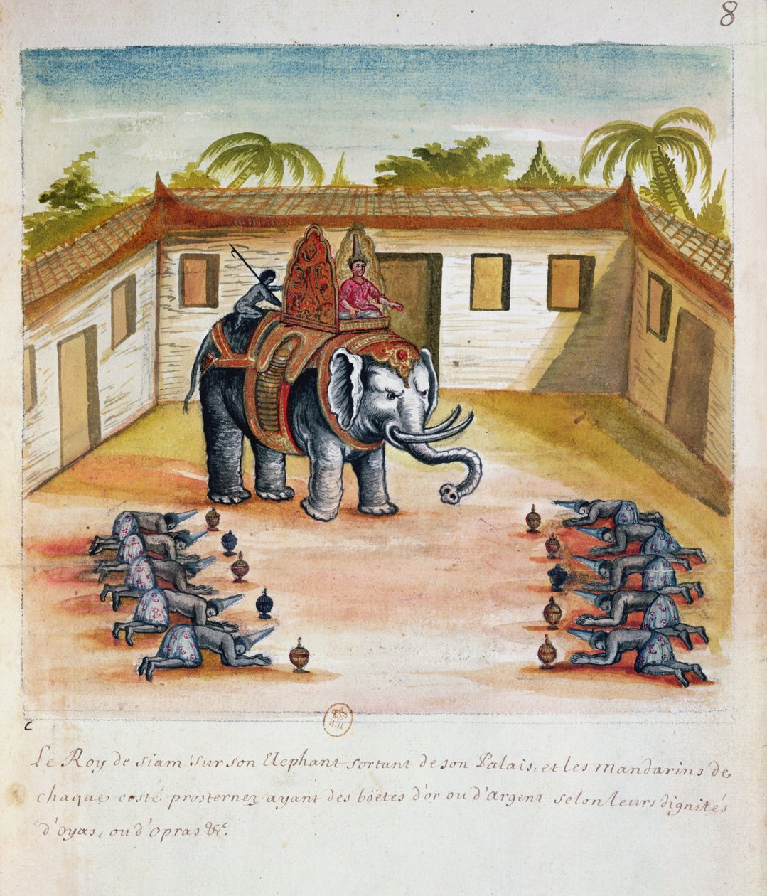 Sziám királya az elefántján, a sziámi jezsuiták beszámolójából, 1688 (wc papíron) alkotó: French School