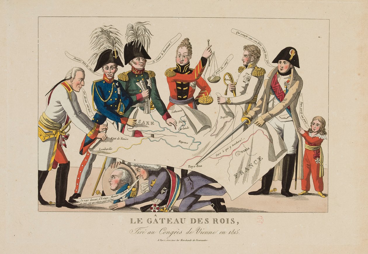 A királytortát a bécsi kongresszuson vágják (1814. november – 1815. június), 1815 körül (színes metszet) alkotó: French School