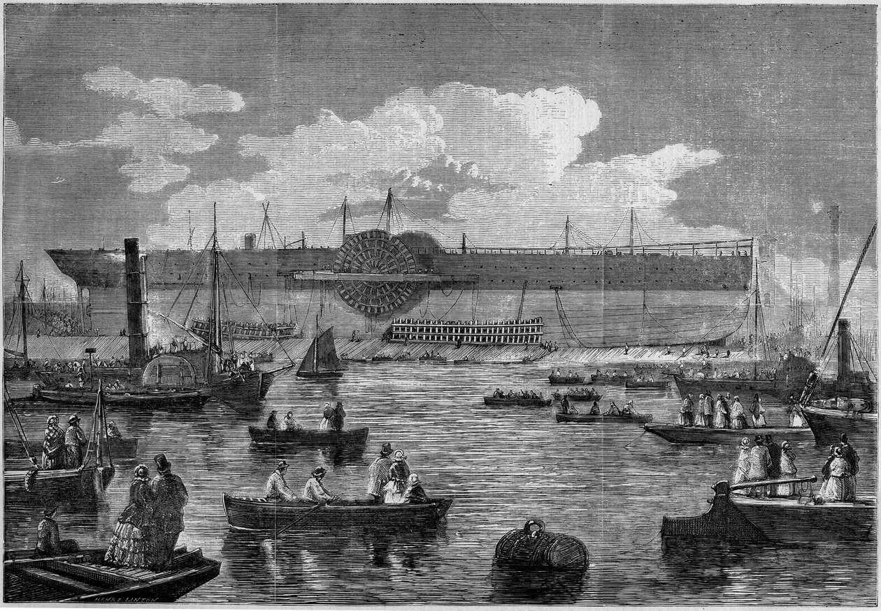 A „Leviathan” (Nagy Kelet), az első óriáshajó, 1857-es vízrebocsátási kísérlete során. Metszet a „” Le Monde Illustré”” 31. számában, 1857. november 14.. alkotó: French School