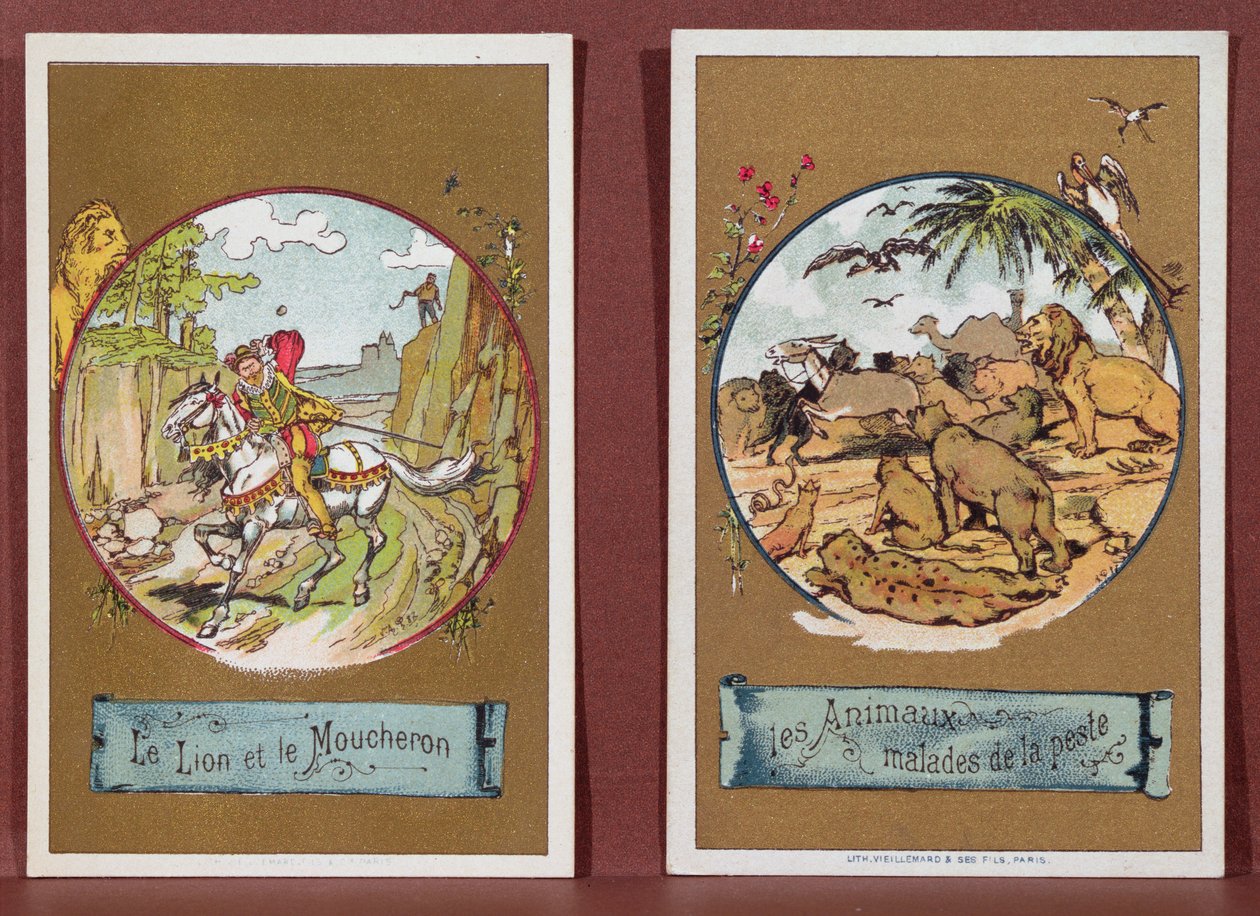 Az oroszlán és a törpe, és a pestisben megbetegedett állatok, a „Fables de La Fontaine”-ből (színes metszet) alkotó: French School