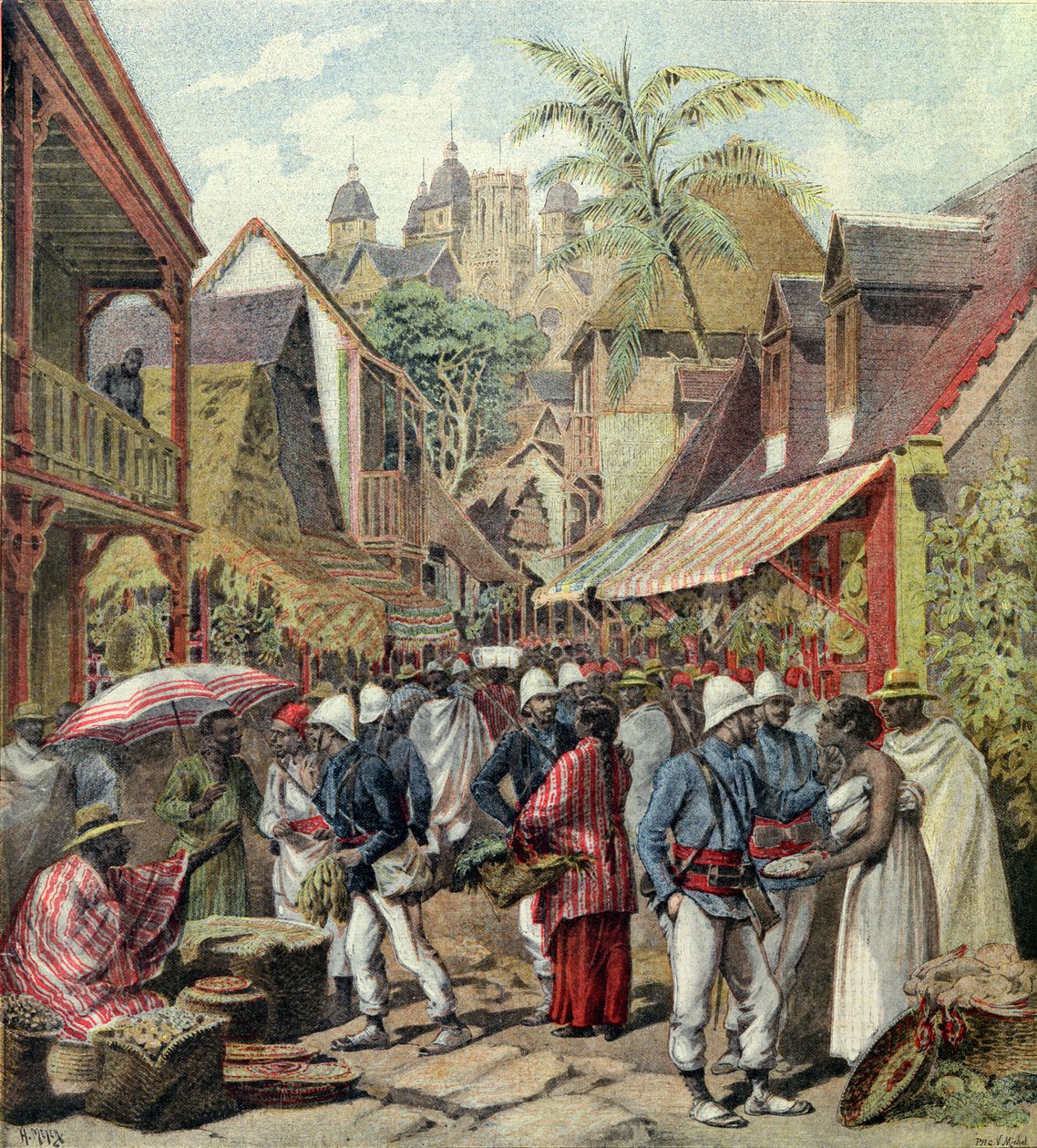 A Madagaszkár-expedíció, francia katonák Tananarive egyik utcájában, a Le Petit Journalból, 1895. október 27. alkotó: French School