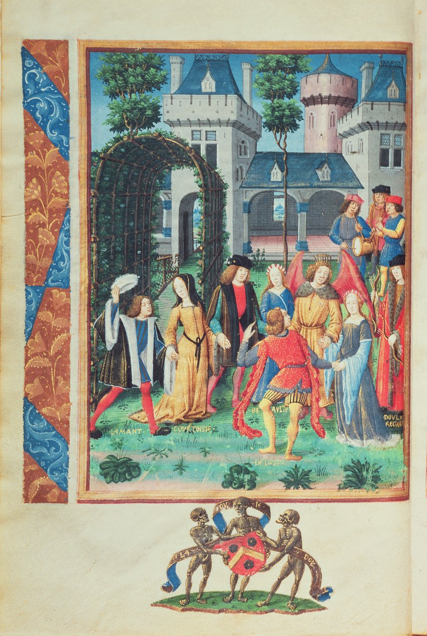 A Varázskert az udvariasság, a szerelem, a szépség és a szabadelvűség allegorikus alakjaival, a Roman de la Rose-ból (gouache pergamen) alkotó: French School