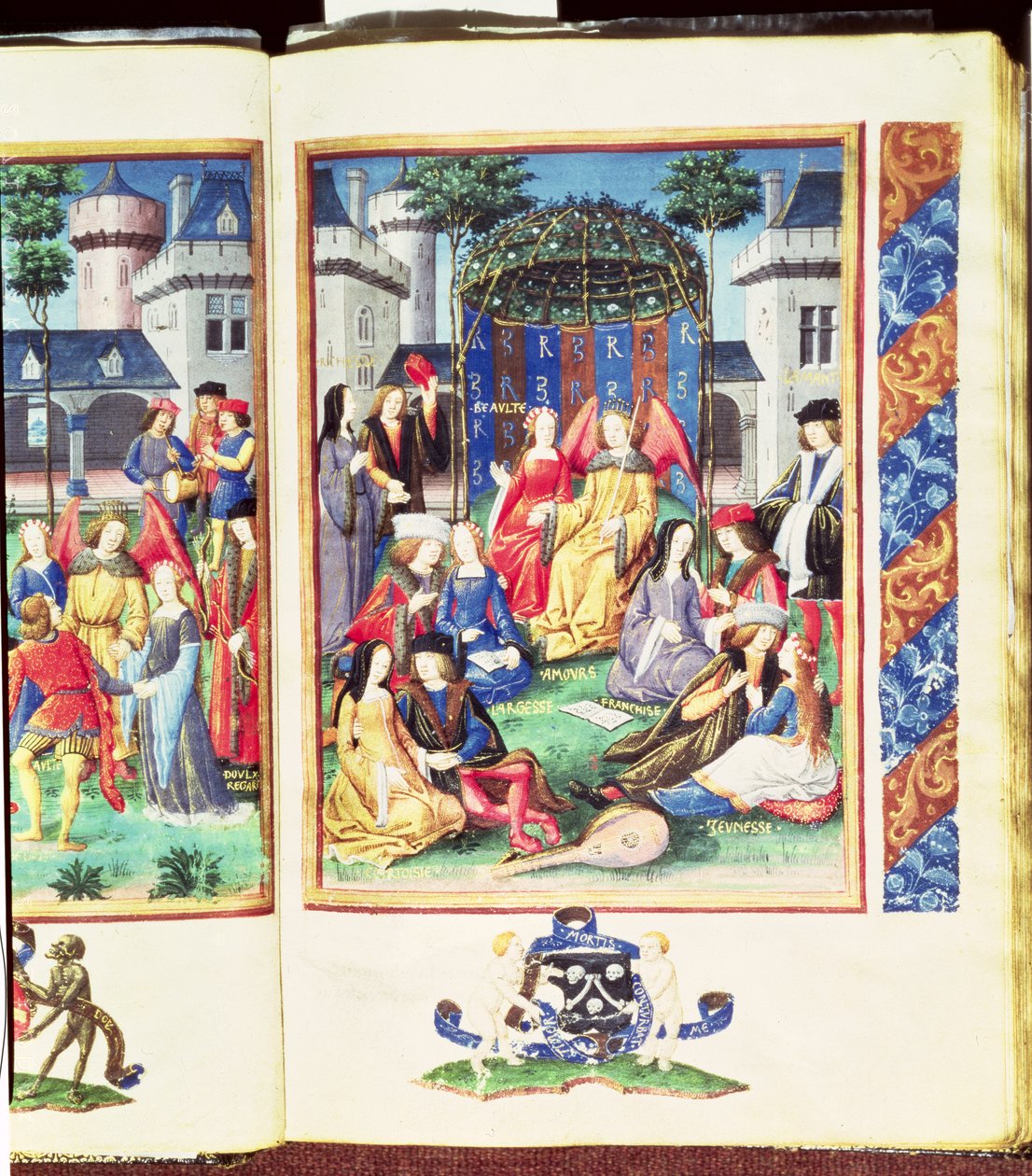 A Varázskert, gazdagság, udvariasság, szabadelvűség, szépség, szerelem, őszinteség és fiatalság allegorikus figuráival, a Roman de la Rose-ból (gouache pergamen) alkotó: French School